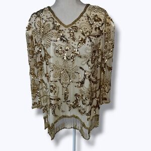 Vintage Silk Hand Beaded Embellished Blouse Plus Size 18 Sheer Evening Top